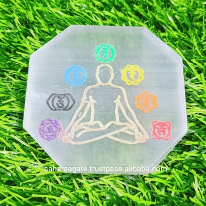 Selenite Charging Plate With Chakra Yoga Symbol