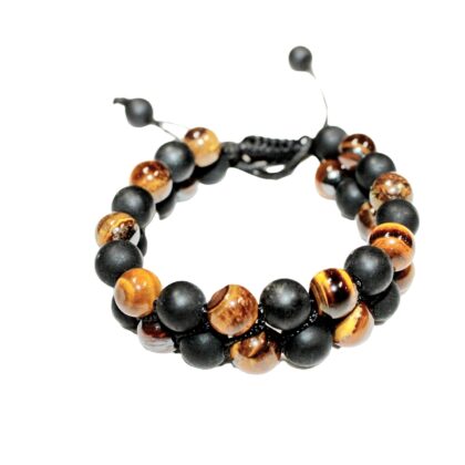 Tiger Eye With Black Mett Gemstone Double Layer Wrist Band Bracelet