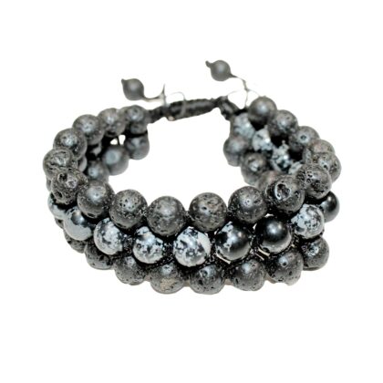 Lava With Snowflake Obsidian Gemstone Triple Layer Wrist Band Bracelet